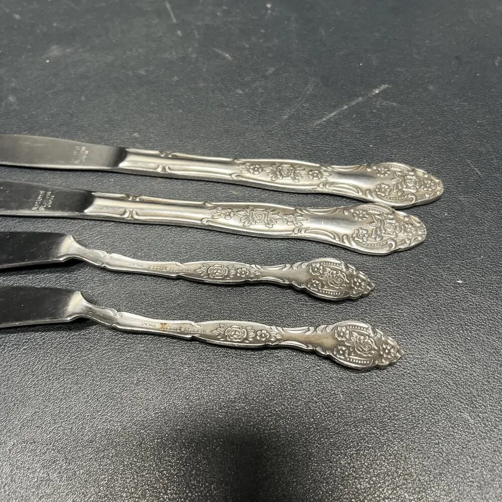 Vtg National Stainless Dinner Knives & Butter KnivesRose Flower Made In Japan. N